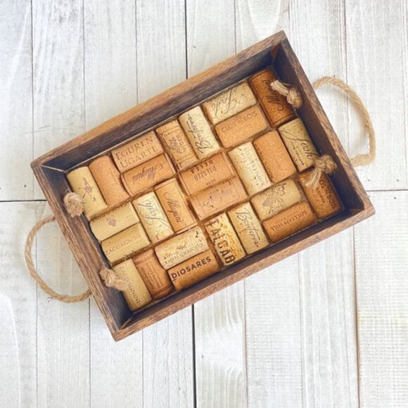Small Handmade Wine Cork Tray Brown Stained Wood with Handles - Picture 1 of 1